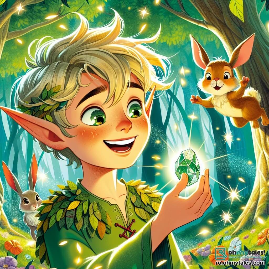 Un elf numit Lumeș, cu urechi ascuțite și păr auriu care strălucește la soare, zâmbește cu uimire ținând în mână o piatră magică care sclipește. Poartă o tunică verde împodobită cu frunze și flori, iar ochii săi strălucesc de curiozitate. Lângă el, un iepuraș numit Râsul, cu blană brună și ochi rotunzi, sare de bucurie, cu urechile mari ridicate, admirând piatra. Scena se desfășoară într-o pădure fermecată, unde copaci mari cu trunchiuri noduroase se ridică spre cer, iar frunzele verzi strălucitoare filtrează lumina soarelui, creând modele de lumină și umbră pe solul acoperit de flori colorate. Lumeș și Râsul descoperă împreună magia pietrei, înconjurați de fulgi de lumină care dansează în jurul lor, în timp ce o mulțime de flautiști colorați se învârt în aer, adăugând o notă de bucurie aventurii lor.