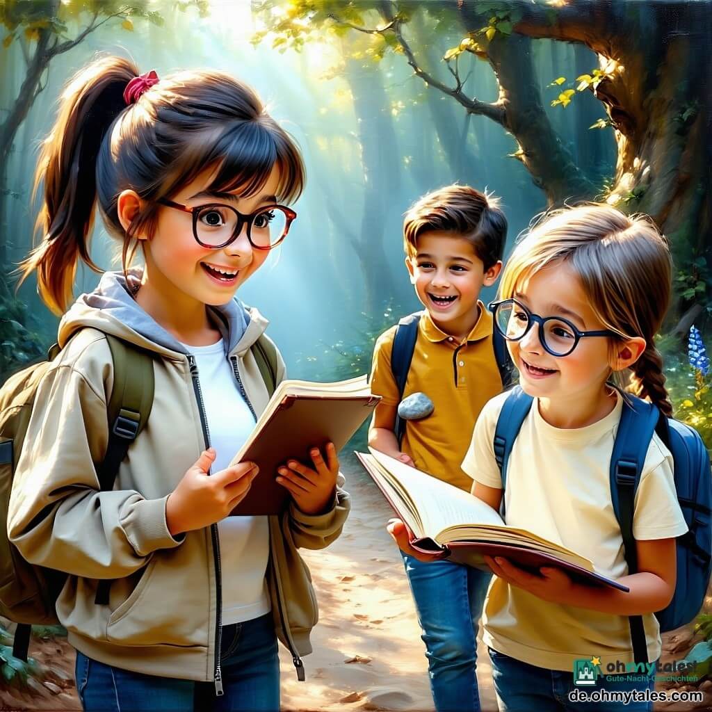 Ein etwa 11-jähriges Mädchen, lächelnd und erstaunt, kastanienbraune Haare zu einem Pferdeschwanz gebunden, leichte khakifarbene Jacke und aufgeschlagenes Notizbuch in den Händen, hält einen eingravierten kleinen Kiesel in der Handfläche; ein Junge (Jonas, ca. 11) mit blonden, zerzausten Haaren und runden Brillen, stolz und aufgeregt, zeigt mit dem Finger auf einen sandigen Pfad rechts von ihr; zwei etwa 10-jährige, lachende Mädchen im linken Hintergrund — eines mit roter Zopf und kleiner Taschenlampe, das andere dunkelhäutig mit Strohhut, die im Sand gräbt. Ort: große goldene Dünen mit Strandgras, warme spätnachmittägliche Lichtstimmung, ferne türkisfarbene See, eine kleine dunkle Öffnung im Dünenhang zu einer versteckten Höhle. Hauptszene: die Kinder entdecken den Höhleneingang und untersuchen gravierte Steine, Sandstaub im Licht, Ausdrücke von Staunen und kameradschaftlicher Freude. Farbpalette und Stil: warme Ockertöne, Sand- und sanftes Orange, Akzente in Blau und blassem Grün, dick sichtbare Acryltextur, weiche Konturen und runde Formen, kindlicher einladender Stil; Komposition zentriert auf das Mädchen mit dem Notizbuch, Blick zur Höhle, Tiefenwirkung mit Horizontlinie und sich entfernendem Pfad.