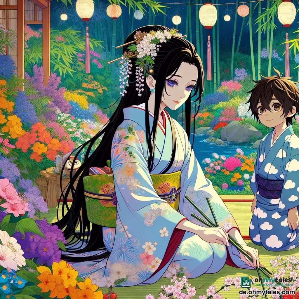 Aoi, eine Frau in ihren Dreißigern, hat lange schwarze Haare, die mit kleinen weißen Blumen geschmückt sind. Sie trägt einen traditionellen Kimono mit zarten Blumenmustern, und ihr Gesicht strahlt eine sanfte Gelassenheit aus, mit einem leichten Lächeln, das ihre Augen erhellt. Sie hockt in einem üppigen Garten, umgeben von bunten Blumen, und arrangiert Kirschbaumzweige für eine Ikebana-Komposition. In der Nähe beobachtet ein 8-jähriger Junge mit zerzausten braunen Haaren und neugierigen Augen fasziniert Aoi. Er trägt einen leichten Yukata mit Wolkenmustern und steht mit den Händen hinter dem Rücken da, bewundernd das Werk der Frau. Der Garten ist ein wahrer Rückzugsort, gefüllt mit lebhaften Blumen, schlanken Bambus und einem sanft plätschernden kleinen Bach. Papierlaternen schweben in der Luft und schaffen eine magische Atmosphäre. Die Hauptsituation zeigt Aoi bei der Schaffung ihres Blumenarrangements, während der kleine Junge, begeistert, die Schönheit der Natur und die Kunst des Ikebana entdeckt, was die Verbindung zwischen Mensch und Natur symbolisiert.