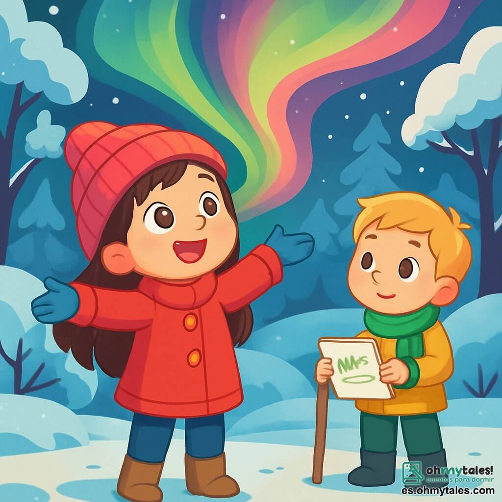 Hay 2 personajes principales: - Sofía: una niña de 6 años, con largos cabellos castaños y ojos brillantes. Lleva un abrigo rojo brillante, un gorro de lana rosa y guantes azules. Está de pie, con los brazos abiertos, maravillada por la belleza de la aurora boreal. - Tomás: un niño de 6 años, con cabello corto y rubio. Usa un bastón para ayudarle a caminar y lleva una bufanda verde y botas negras. Está un poco detrás, sosteniendo un cuaderno de dibujo y observando atentamente a Sofía. El lugar es un parque invernal, cubierto de una gruesa capa de nieve brillante bajo las luces de la aurora boreal. Árboles con ramas cargadas de nieve rodean a los niños, y el cielo está lleno de colores vibrantes, desde el verde hasta el rosa, creando una atmósfera mágica y de cuento de hadas. La situación principal muestra a Sofía y Tomás, maravillados por la aurora boreal, listos para crear un proyecto artístico inspirado en la belleza del invierno, rodeados de nieve brillante y ramas nevadas.