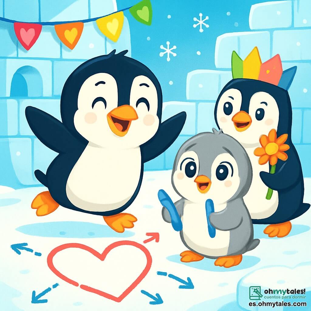 Pipo, un pequeño pingüino de plumas negras y blancas, con grandes ojos brillantes y una sonrisa alegre, está saltando sobre el hielo, con las alas abiertas, listo para sorprender a su mamá. Coco, una pingüina de plumas suaves y grises, se encuentra a su lado, con una mirada emocionada y estrellas en los ojos, sosteniendo un crayón azul en sus pequeñas patas. Mimo, otro pingüino con una corona de papel de colores en la cabeza, sonríe mostrando una hermosa flor de plumas que ha hecho, manteniéndose un poco atrás, admirando a Pipo. La escena tiene lugar en una escuela de pingüinos en el Polo Sur, con bloques de hielo brillantes bajo un cielo azul claro, copos de nieve cayendo suavemente y decoraciones coloridas en forma de corazones colgadas en las paredes de hielo. Pipo, rodeado de sus amigos, revela una sorpresa para el Día de la Madre: un gran corazón dibujado en la nieve, con flechas y pistas que llevan a un tesoro lleno de amor y abrazos.