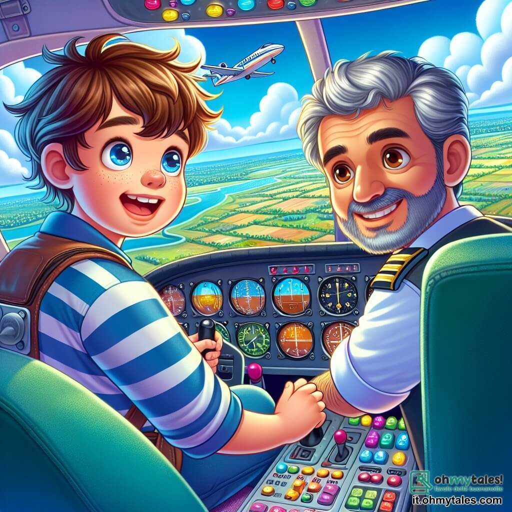 Un ragazzo di dodici anni, con capelli castani arruffati e occhi pieni di eccitazione, è seduto nel cockpit di un piccolo aereo. Indossa una camicia blu a righe e un casco da pilota, mostrando un grande sorriso meravigliato. Accanto a lui, un uomo di circa cinquant'anni, con capelli brizzolati e barba curata, indossa una elegante tuta da pilota. Lo guarda con orgoglio, mostrandogli i comandi dell'aereo. Il cockpit è pieno di pulsanti colorati, strumenti luminosi e finestre panoramiche che offrono una vista spettacolare su un cielo blu punteggiato di nuvole bianche. Sotto, si intravede un paesaggio verdeggiante, con fiumi scintillanti e campi dorati. La scena rappresenta il momento magico in cui il ragazzo prende i comandi dell'aereo per la prima volta, provando un'emozione intensa e gioia, pronto a decollare verso nuove avventure.