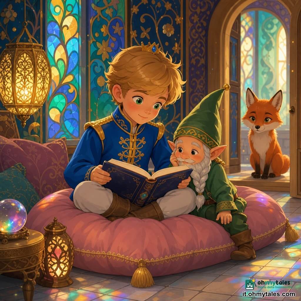 Principe ragazzo capelli color miele occhi verdi, emozione calma e meravigliata, giacca blu ricamata d’oro seduto su un grande cuscino rosa cipria con un libro di velluto aperto sulle ginocchia; gnomo bambino molto piccolo barba argentata intrecciata cappello appuntito verde seduto sul bordo del cuscino a destra del principe che guarda il libro come per sussurrare un segreto; piccola volpe rossa dagli occhi dolci seduta nell’imbotte di una porta ad osservare; stanza nascosta con pareti di vetrate colorate (blu, verde, oro), tappeti e motivi dorati, pavimento chiaro, luce calda e morbida che crea riflessi arcobaleno; scena intima e magica: il principe scopre il segreto del passo leggero ascoltando il silenzio e leggendo, composizione centrata, colori pastello saturi, forme semplici.