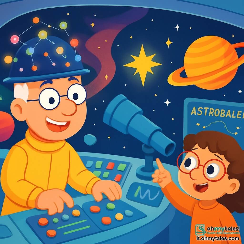 Un uomo, il Dottor Leo, è in piedi sul ponte della sua astronave, l'Astrobaleno. Ha un grande sorriso, occhi scintillanti di curiosità e indossa un buffo cappello pieno di luci lampeggianti. Regola con entusiasmo i comandi, pronto a partire per un'avventura. Accanto a lui, una ragazza di 10 anni, Mia, con capelli ricci e occhiali rotondi, osserva le stelle attraverso un telescopio magico. È meravigliata, con gli occhi spalancati, e indica una stella brillante nel cielo. L'astronave è circondata da un paesaggio spaziale abbagliante, con pianeti colorati, nebulose luminose e stelle scintillanti che illuminano l'oscurità. La scena principale mostra Leo e Mia pronti a decollare verso Saturno, con luci lampeggianti sul cruscotto e una grande mappa delle stelle esposta dietro di loro. L'eccitazione e l'avventura si respirano nell'aria, mentre si preparano a salvare gli esploratori dispersi.