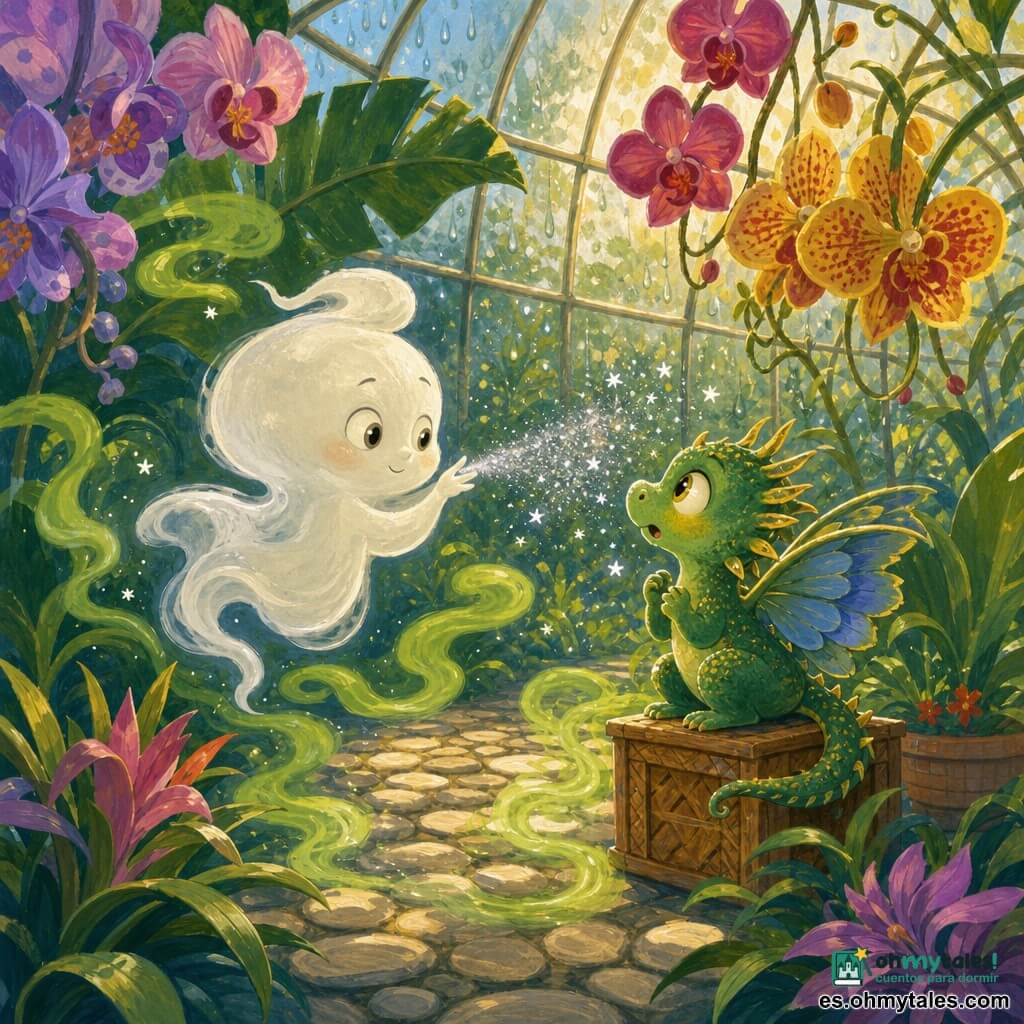 Un pequeño fantasma llamado Niebla, translúcido como humo de crema y con ojos redondos color luna, sopla con delicadeza una nube de polvo plateado de semilla lunar sobre el ala herida de Brillín, un minidragón de jardín del tamaño de un zapato de escamas esmeralda con motas doradas y un ala vendada de pétalos azules; sentado sobre una pequeña caja de palma, muestra alivio y sorpresa mientras la Bruma Verde, una fina niebla verde lima, juguetea entre las plantas en una luminosa invernáculo de vidrio con gotas de lluvia en los cristales; el polvo brilla en pequeñas estrellas plateadas que caen como nieve suave, las plantas parecen respirar y la luz atraviesa el vidrio en manchas doradas.