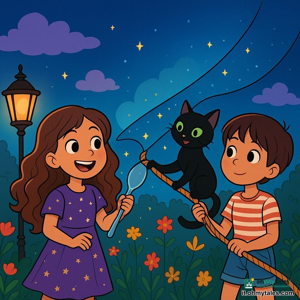 Ci sono 3 personaggi: Violetta, una ragazza di 10 anni con lunghi capelli ricci e un vestito viola decorato con piccole stelle, tiene un cucchiaio d'argento brillante e sorride entusiasta; Giada, una ragazza di 10 anni con capelli corti e lisci, indossa una maglietta a righe e pantaloni corti di jeans, ha un'espressione curiosa e tiene una corda di calzini tra le mani; Signor Miao, un gatto nero dagli occhi verdi scintillanti, seduto sulla corda con un'espressione maliziosa, sembra pronto a saltare. La scena si svolge in un bel giardino al crepuscolo, con fiori colorati e un lampione antico che illumina dolcemente. Il cielo è blu profondo, punteggiato di nuvole soffici, e un angolo si solleva leggermente, rivelando un mondo magico sottostante. Violetta e Giada cercano di sollevare un angolo del cielo con la loro corda di calzini, mentre il Signor Miao, divertito, si prepara a saltare. Le ragazze ridono, circondate da piccole stelle scintillanti che fluttuano attorno a loro, creando un'atmosfera gioiosa e fantastica.
