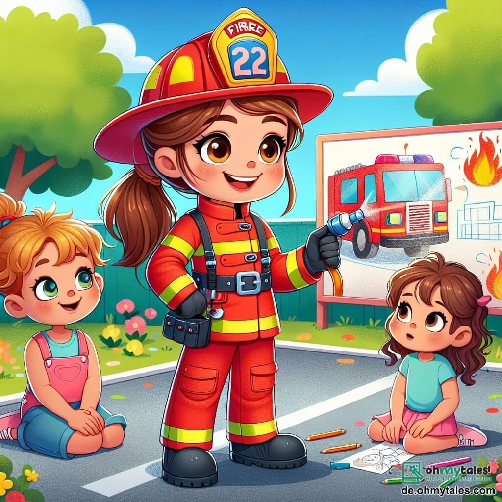 Eine Feuerwehrfrau, Lena, lächelt entschlossen in ihrer leuchtend roten Uniform und dem großen Feuerwehrhelm. Sie steht mit einem Feuerwehrschlauch bereit, um ein imaginäres Feuer zu löschen. Ihre braunen Haare sind zu einem Pferdeschwanz gebunden, und ihre Augen strahlen vor Begeisterung. Neben ihr steht ein 7-jähriger Junge namens Max mit zerzausten blonden Haaren und einem blauen T-Shirt, der Lena bewundernd anblickt. In seinen Händen hält er ein kleines Spielzeugfeuerwehrfahrzeug und steht leicht im Hintergrund mit weit aufgerissenen Augen. Ein weiteres Kind ist Clara, ein 6-jähriges Mädchen mit lockigen braunen Haaren in einem rosa Kleid, das auf dem Boden sitzt und mit Buntstiften einen Sicherheitsplan zeichnet, während sie Lena inspirierend anlächelt. Die Szene spielt in einem sonnigen Schulhof, umgeben von grünen Bäumen und bunten Blumen. Im Hintergrund ist ein großes Plakat zur Brandsicherheit mit Kinderzeichnungen zu sehen. Lena erklärt den Kindern die Bedeutung der Brandsicherheit, zeigt ihnen, wie man einen Feuerwehrschlauch benutzt, und ermutigt sie, an einem Sicherheitsplan teilzunehmen. Die Kinder sind fasziniert und engagiert, was eine fröhliche und lehrreiche Atmosphäre schafft.