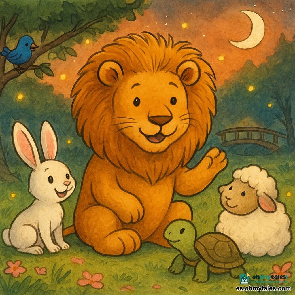 El personaje principal es un león llamado León Lino, tímido pero cálido, con gran melena dorada y patas mullidas, sentado contando una historia con una pata levantada; a su izquierda, Lía la liebre, una conejita vivaz de orejas rosa y blancas, agazapada y sonriente; a su derecha, Tilo la tortuga, de caparazón marrón verdoso, serena y atenta; acurrucada junto al león, Nube la ovejita, redonda y esponjosa; encima, Pico el pajarito azul con una pluma torcida, posado en una rama listo para cantar; todo en un claro con hierba verde y pétalos rosas, un puente de madera al fondo, luciérnagas amarillas iluminando y un cielo crepuscular anaranjado con luna plateada, mientras el grupo forma un semicírculo sobre la hierba, atento y en un ambiente acogedor y mágico.