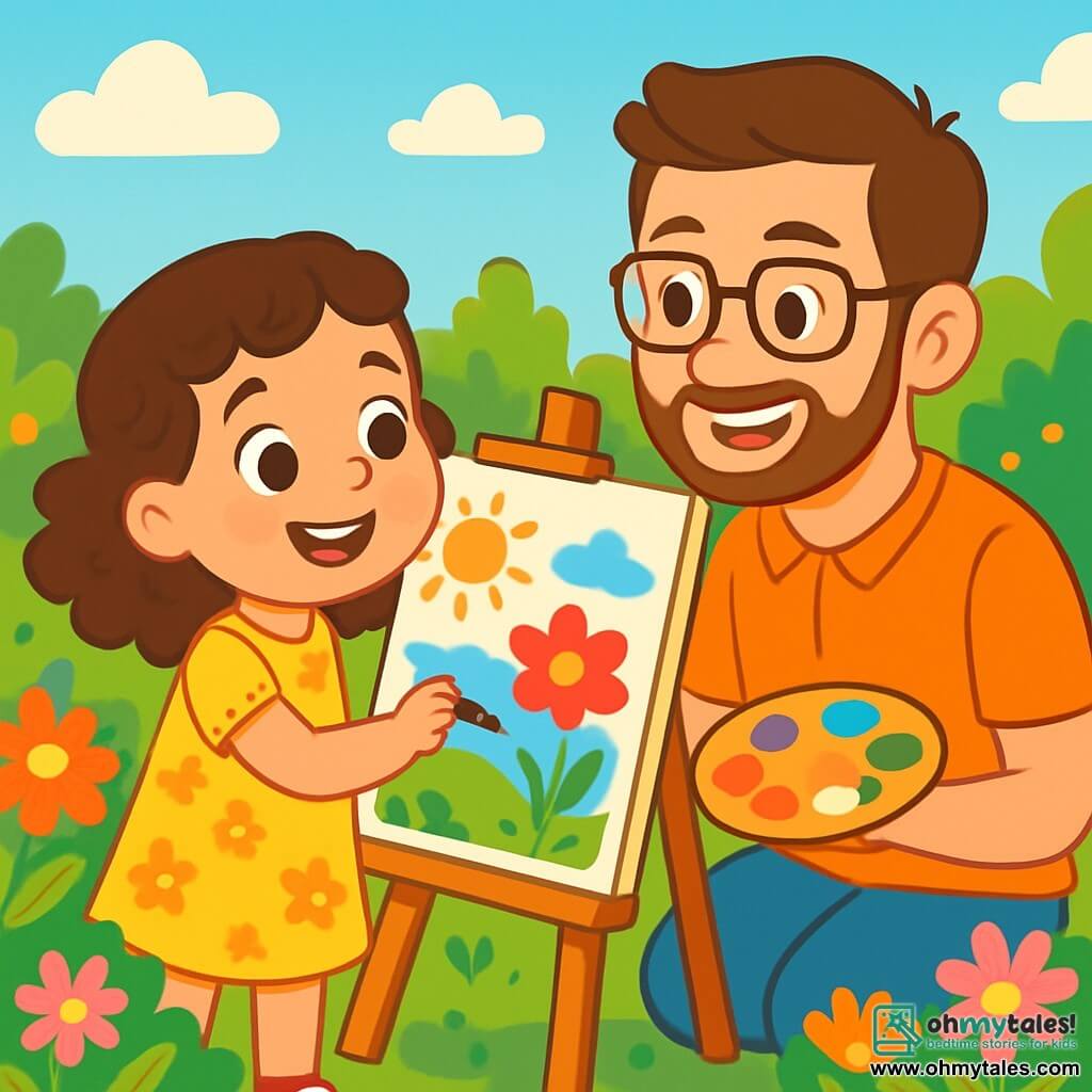 A 6-year-old girl with curly brown hair is wearing a pretty yellow flower dress. She has sparkling eyes and a big smile on her face as she paints a colorful picture in the garden. Next to her, her dad, a man in his thirties with a light beard and glasses, encourages her with a proud smile while holding a paint palette. Their garden is filled with bright flowers, lush greenery, and a clear blue sky dotted with a few white clouds. The girl is focused on her artwork while her dad admires her talent, creating a joyful and warm atmosphere.