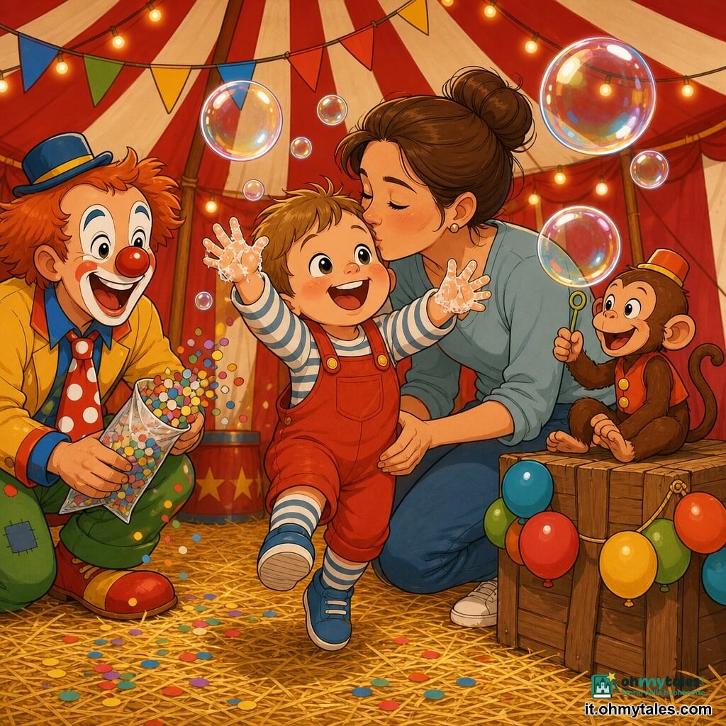 Un bambino di 2 anni, occhi vivaci e sorriso ampio, capelli castano chiaro a ciocche, salta e cattura bolle di sapone giganti; indossa una piccola salopette rossa, calzini a righe e scarpe blu, mani appiccicose, postura gioiosa e dinamica; una donna adulta (la mamma), aspetto femminile, capelli castani raccolti in uno chignon, lo guarda teneramente e lo bacia sulla fronte stando dietro di lui; un clown adulto (uomo), naso rosso tondo e grande cravatta a pois, trucco colorato, accovacciato a sinistra del bambino, ride e agita un pacchetto di coriandoli; un piccolo scimmietta giocattolo su una cassa di legno a destra, pelo bruno ed espressione maliziosa, una ghirlanda di palloncini legata alla cassa; luogo: un tendone da circo a strisce rosse e bianche, pavimento di paglia dorata, luci calde sospese e festoni colorati; situazione: momento di festa con il bambino che cattura bolle che riflettono le luci del tendone, atmosfera festosa, colori vivaci e forme rotonde, stile dolce e chiaro per i più piccoli.