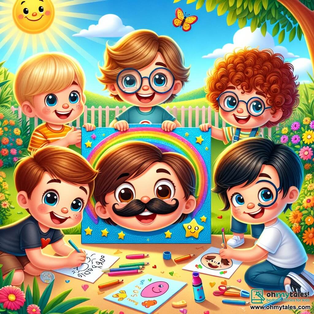 In a sunny garden, five five-year-old boys gather to celebrate Father's Day. Max, with brown hair and sparkling eyes, holds a large colorful cardboard with a beaming smile. Next to him, Leo, with curly hair and round glasses, draws mustaches on the drawing. Sam, a little blonde boy with rosy cheeks, enjoys sticking shiny stars on the cardboard. Oliver, with brown hair and a blue t-shirt, writes love messages with great concentration. Finally, the fifth boy, Tom, with black hair and bright eyes, watches his friends' work in amazement. 

The garden is filled with vibrant flowers, butterflies dancing around, and a large tree providing welcoming shade. The sky is bright blue, and the sun shines joyfully, creating a festive atmosphere. 

The boys are creating a magical card for their dads that will play a sweet melody when opened. They laugh and help each other, filled with excitement and love, ready to present their masterpiece to their fathers.
