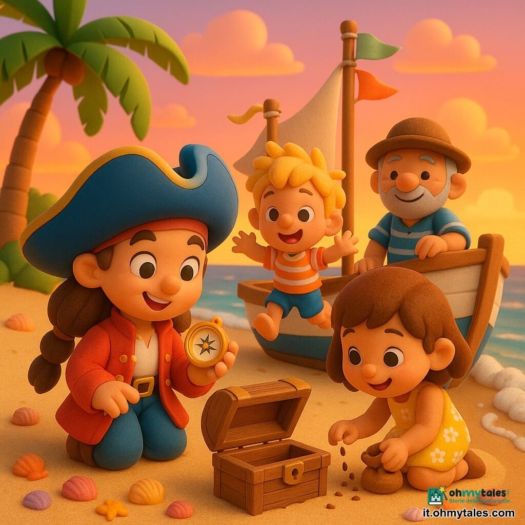 Marina, pirata sorridente e coraggiosa con treccia e cappello blu, mostra una piccola bussola brillante dalla scatola di legno sulla sabbia; Seba, un bimbo biondo, salta di gioia vicino alla poppa della barca bianca e blu; Gino, uomo anziano con barba grigia, sorride appoggiato sul ponte; Lina, bambina in vestito giallo, è accucciata con un sacchetto di semi profumati; spiaggia di sabbia dorata con palme, conchiglie e onde leggere, barca ancorata con vela arrotolata e bandierine, luce calda del tramonto arancione-rosa; scena: l'equipaggio felice scopre la scatola, i bambini piantano i semi e tutti sorridono insieme; stile: figurine 3D arrotondate, texture morbide, colori vivaci e resa luminosa e infantile.