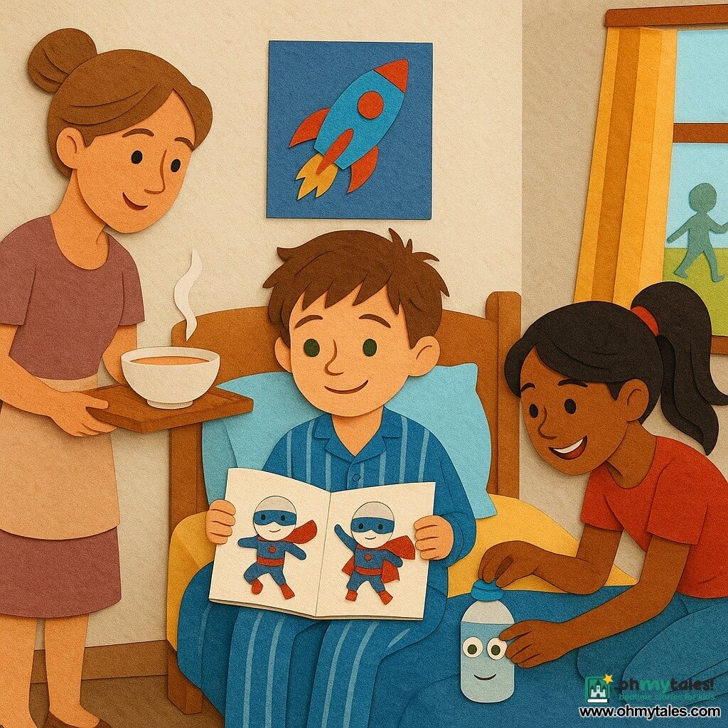 A smiling but still slightly tired 10-year-old boy, Max, with bright green eyes and tousled brown hair in striped pajamas sits on his bed holding a sketchbook where he draws small white globes dressed as superheroes; his mother (about 35), with light brown hair in a bun, a simple dress and apron, stands to his left bringing a tray with a bowl of soup and a glass of water; a 13-year-old girl, Jamie, with black hair in a ponytail and colorful jeans, crouches by the foot of the bed laughing as she sticks funny-eye stickers on a small water bottle and looks at Max; through the window behind the bed silhouettes of children play ball in the garden under a blue paper-like sky; the room is decorated with a red-and-blue rocket poster above a wooden desk scattered with an open notebook and pencils, striped curtains letting in a warm sunbeam, layered paper-cut textures, and the scene conveys a tender, optimistic, warm family atmosphere with simple, childlike shapes and bold contrasts.