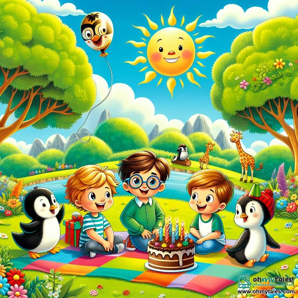 In a sunny park, Max, a six-year-old boy with brown hair and round glasses, stands in the center, smiling widely. To his right, Leo, a boy with blonde hair and sparkling eyes, joyfully dances while imitating a penguin. On the left, Sam, a boy with brown hair wearing a green t-shirt, watches in awe as a squirrel approaches. Finally, Ben, a boy with black hair and a red hat, sits on a colorful blanket, holding a gift in his hands, ready to give it to Max. The park is filled with vibrant flowers of all colors and majestic trees providing shade. A large blue sky stretches above them, dotted with fluffy white clouds. The main scene shows Max surrounded by his friends, all laughing and having fun, with a big chocolate cake on the blanket and a giraffe-shaped balloon gently floating above them. The atmosphere is joyful and festive, filled with laughter and happiness, illustrating a beautiful birthday party.
