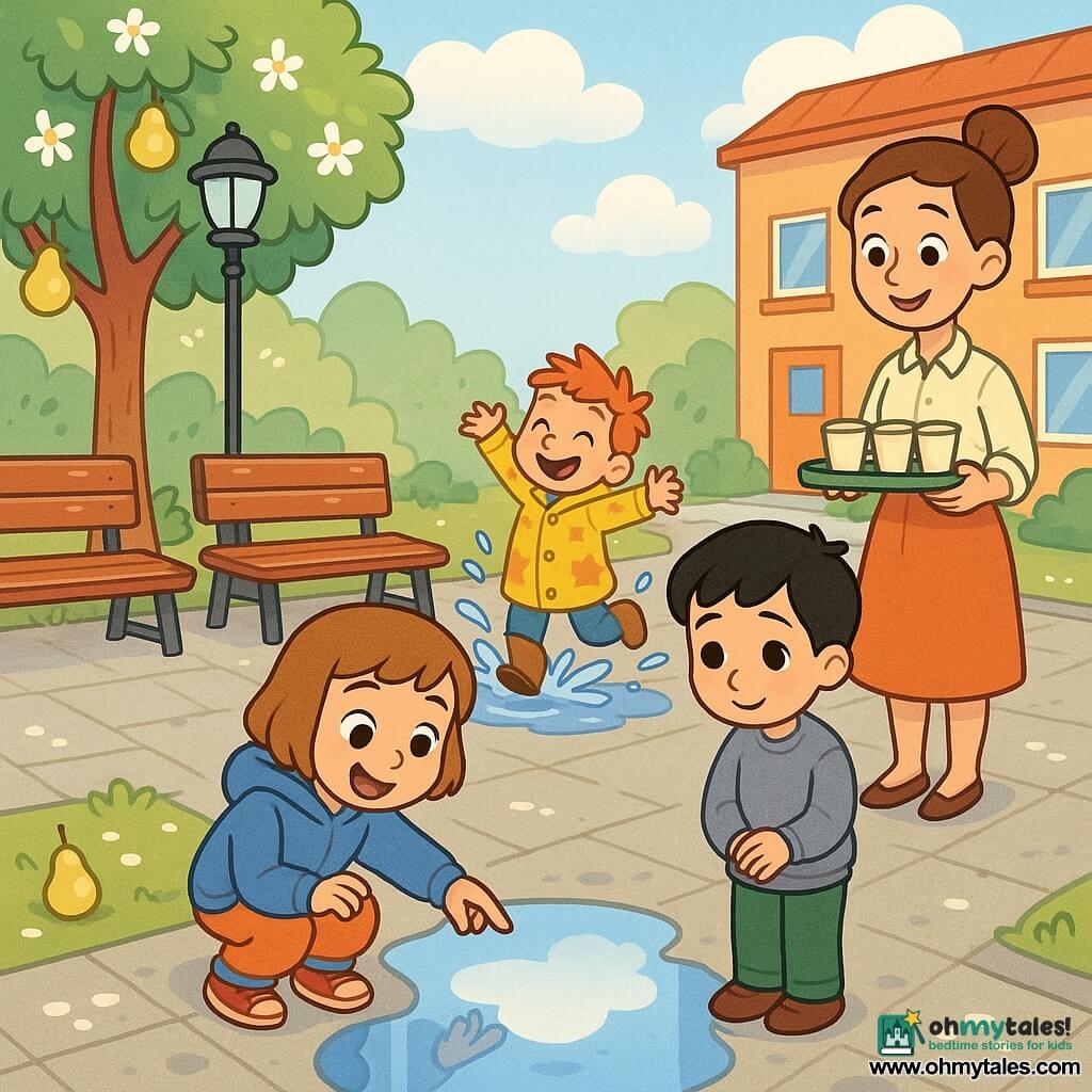 A smiling, curious 6-year-old girl, Maya, with short light brown hair and a blue hooded jacket, kneels by a large shiny puddle showing cloud reflections; beside her stands shy, awed 6-year-old Eli with black hair and a gray sweater, hands clasped and smiling softly, while playful 6-year-old Sam with red hair and a yellow star raincoat splashes in the background; their teacher, Mrs. June, about 30–35 with her hair in a bun and a light blouse, watches kindly from a few steps away holding a tray of paper cups; setting: a schoolyard after rain with wet paving and grass, wooden benches, a lamppost, a pear tree with fallen petals and a pale blue sky reflected in puddles, a gentle spring light, muddy textures and bright splashes as the children treat the puddle like a little mirror of the sky.