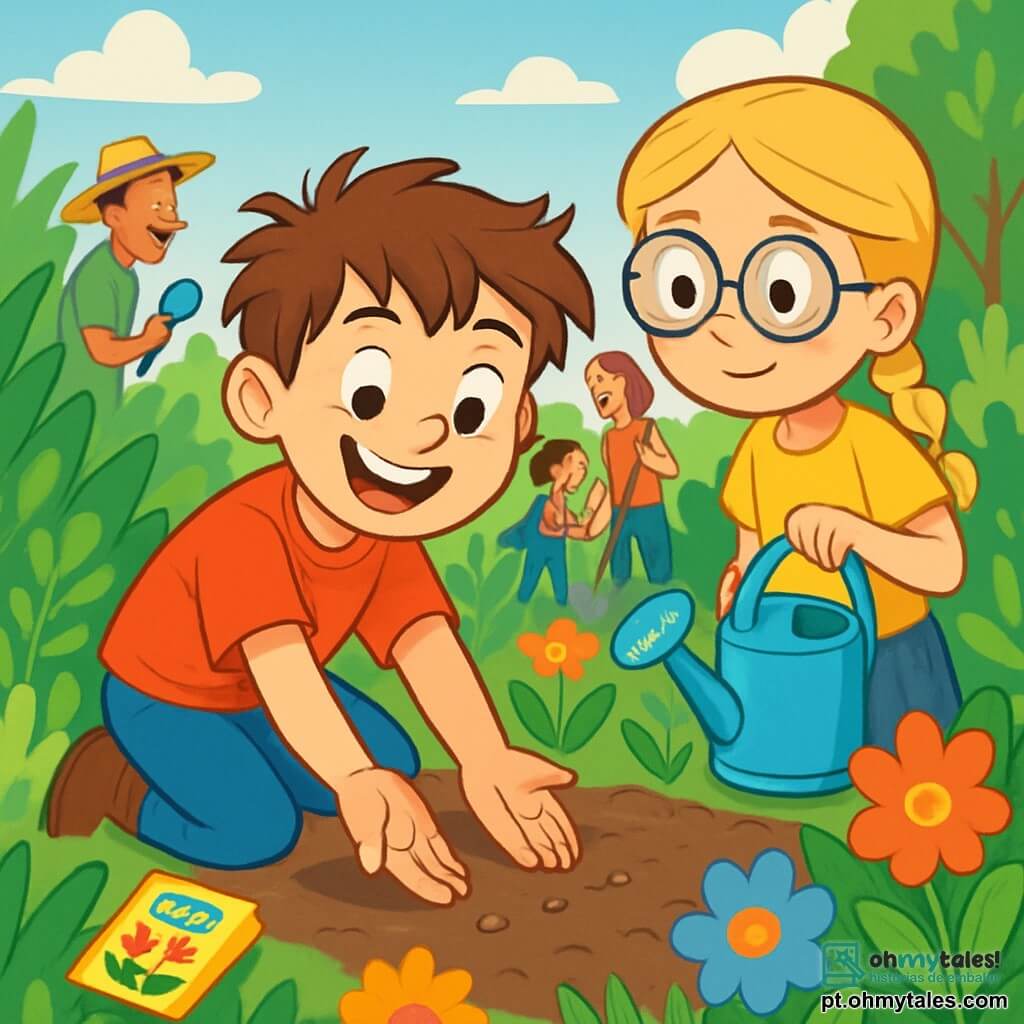 Um garoto de 10 anos, Miguel, com cabelos castanhos bagunçados e um grande sorriso radiante de excitação, está agachado em um jardim ensolarado, com as mãos na terra, plantando sementes de flores coloridas. Ao seu lado, uma menina de 9 anos, Sofia, com cabelos loiros trançados e óculos redondos, o observa com um olhar curioso, segurando um pequeno regador azul brilhante. O jardim está cheio de plantas verdinhas, flores vibrantes em cores vivas, e um céu azul claro com algumas nuvens brancas flutuando. Ao fundo, adultos e crianças trabalham juntos, rindo e compartilhando ferramentas de jardinagem. A cena transmite uma atmosfera alegre e amigável, ilustrando o trabalho em equipe e a beleza da natureza.