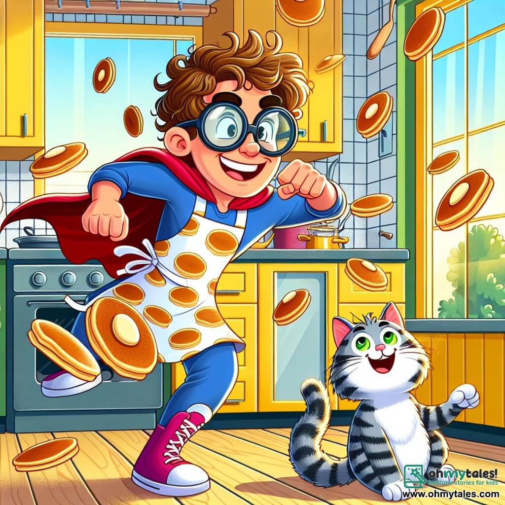 A man named Bob, with large round glasses and curly brown hair, is joyfully dancing in his kitchen. He wears a pancake-patterned apron and has a big smile on his face, showing his excitement. Next to him, a gray cat with green eyes curiously watches pancakes flying in the air. The kitchen is bright, with yellow walls and open windows letting in sunlight. Pancakes float around Bob, creating a magical and fun atmosphere. The main scene shows Bob, the comedic superhero, using his spinning powers to make kitchen objects dance, while the cat observes with curiosity, adding a touch of whimsy to the scene.