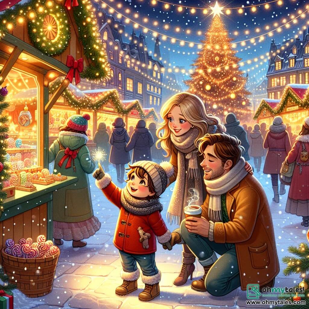 In a bustling Christmas market, a 5-year-old boy named Liam, with messy brown hair and a red coat, gazes in wonder at the twinkling lights. Beside him is a gentle mother, around 30, with long blonde hair wearing a wool scarf, smiling and holding a cup of hot chocolate. A cheerful father, about 32, with a brown beard and a Christmas hat, leans down to show Liam a lovely candy stand. The market is filled with colorful stalls adorned with fairy lights and shiny ornaments, with a large Christmas tree at the center, illuminated by golden stars. Snowflakes gently fall, adding a magical touch to the festive atmosphere. The main scene shows Liam, amazed, following a bright star in the sky, while his mother and father search for him with concern. The market lights twinkle around them, creating a warm and joyful ambiance.