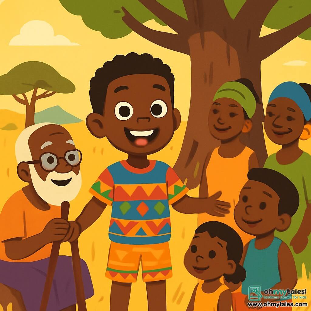 A young boy named Kofi, around 12 years old, stands in the center of the image with a bright smile and sparkling eyes. He wears a colorful t-shirt and lightweight shorts with African patterns. Kofi is surrounded by villagers, all smiling and engaged in lively discussion. Abena, a 70-year-old man with a long white beard and round glasses, sits under a large baobab tree, holding a wooden stick. He listens attentively to Kofi, with children sitting around him, captivated by his stories. The setting is an African savanna, bathed in golden light, with tall grasses swaying in the wind and a majestic baobab tree in the background providing shade. The main scene shows Kofi gathering the villagers around Abena, all united to discuss how to help the animals and restore the watercourse, with expressions of determination and hope on their faces.