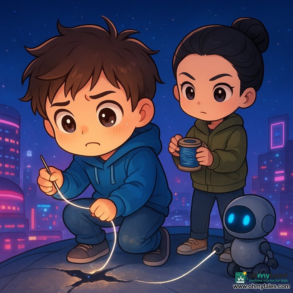 A determined, slightly frightened 12-year-old boy with a round face, wide bright eyes and messy brown hair, wearing a blue hoodie and worn jeans, crouches on the curved roof of a VR-training dome, holding a fine metal needle and a spool of silver luminous thread he pulls toward a shimmering tear in the sky; behind him stands Zara, a brave, focused 12-year-old with fair skin and her black hair in a practical bun, wearing a khaki jacket and sneakers, steadying the spool with braced elbows, while a small round gray maintenance robot with friendly blue LED eyes and an extendable tool arm rolls nearby and projects a thin lamp onto the tear; the futuristic city at night is lit by pink and blue neon with stadiums and glowing billboards below, and the boy appears to be sewing the black fissure—its edges shimmer and shadowy fingers are repelled by the thread’s light—creating a magical urban scene of vivid colors, strong contrasts and dramatic lighting.