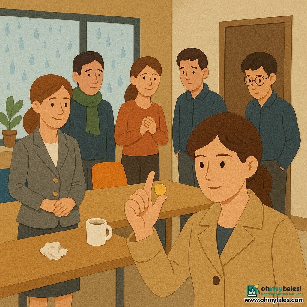 A 35-year-old female detective with short chestnut hair and a beige coat, focused and gentle, holds a small gold button between her fingers and raises it like evidence; June, a 28-year-old colleague with long tied hair and a relieved smile, stands behind a desk to the left with hands clasped; Sam, a 24-year-old thin IT technician with round glasses and a shy posture, stands by the right door with hands in his pockets looking at a small muddy footprint on the floor; Emily, a 30-year-old newcomer in a gray suit with gold buttons, holds her jacket and reaches for a half-full coffee cup on the conference table, leaning slightly toward the detective; Ravi, a 32-year-old marketing manager with a green scarf, looks embarrassed and stares at the button in the detective’s hand. The scene is a modern open conference room with cream walls, rain-speckled windows, light wood tables, colorful chairs, potted plants, a desk lamp off and a small pile of crumpled papers on the table; the mood is a calm, solemn revelation with vivid colors, sharp shadows and visible paper textures.
