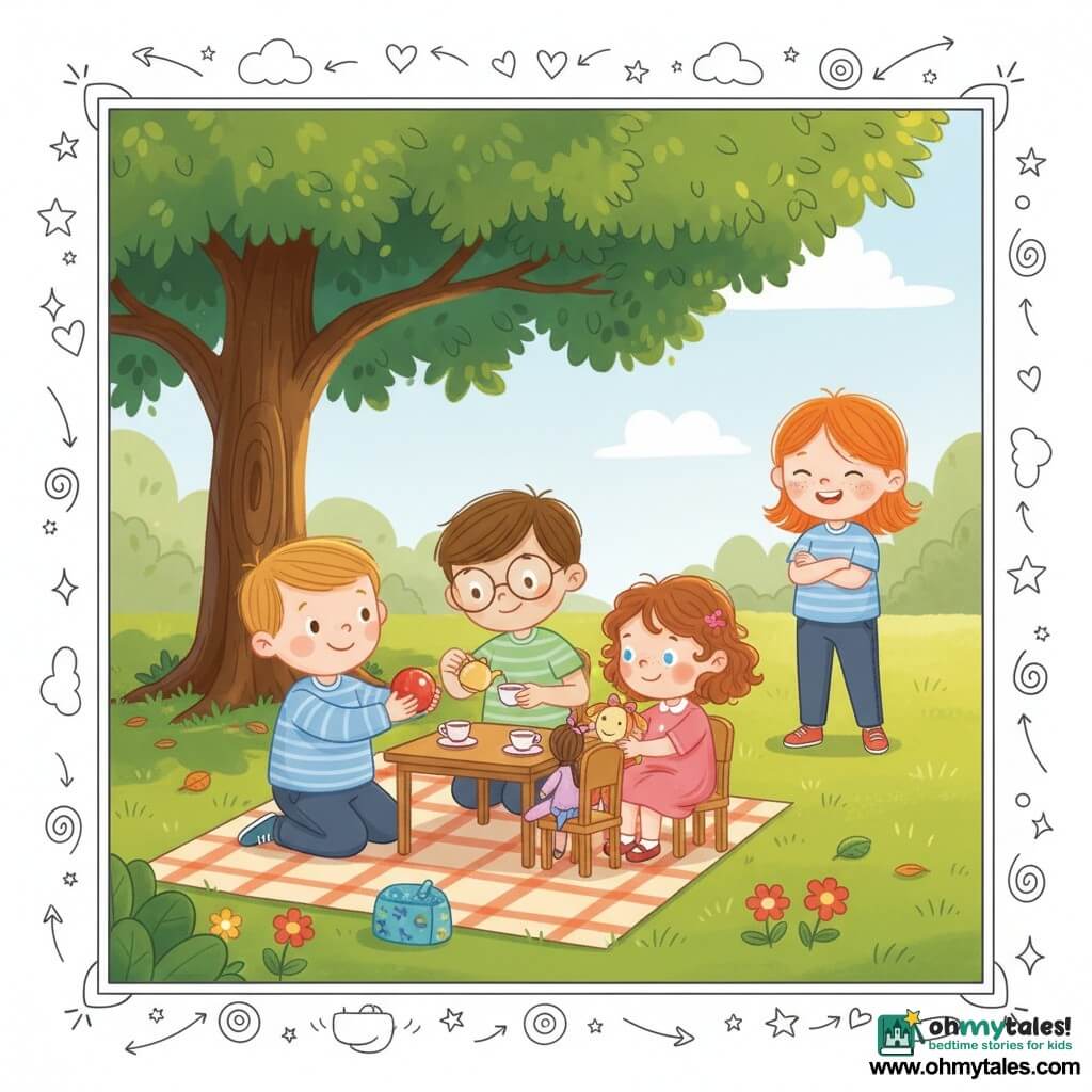 A sunny park scene with four children playing a pretend tea party around a small wooden table on a checkered blanket beneath a large shady tree: a 4-year-old boy with a round face, short light brown hair and fair skin kneels holding a small red ball as if it were drinking tea; Mia, about 4, with caramel-brown curly hair, blue eyes and a pink dress, sits arranging two cloth dolls on miniature chairs beside the ball; Alex, about 5, with brown hair, round glasses and slightly tanned skin, stands behind the table pretending to pour tea from an imaginary teapot; and Emma, about 4, with bright red hair, freckles and pale skin, stands slightly apart with crossed arms then lights up ready to join; scattered leaves and flowers around them, laughter, tiny cups and an inclusive, warm atmosphere.
