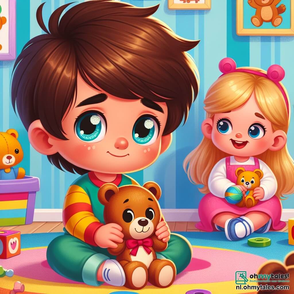 Een 6-jarig jongetje, Tom, met bruin haar en sprankelende ogen, zit op een kleurrijk tapijt met zijn kleine teddybeer. Zijn gezicht toont een lichte tristesse, met gefronste wenkbrauwen en een kleine pruillip, terwijl hij naar zijn grote zus kijkt. Emma, een 8-jarig meisje met lang blond haar in een roze jurk, glimlacht vrolijk en houdt een grote teddybeer met een rode strik vast, terwijl ze naast Tom op het tapijt zit. De scène speelt zich af in een lichte speelkamer, vol kleurrijk speelgoed, houten blokken en zachte kussens, met lichtblauwe muren en dierenillustraties. Tom, een beetje jaloers op Emma's nieuwe teddybeer, vraagt haar timide of hij met haar beer mag spelen, terwijl Emma, vol vriendelijkheid, voorstelt om samen te spelen en een schuilplaats voor hun knuffels te bouwen.