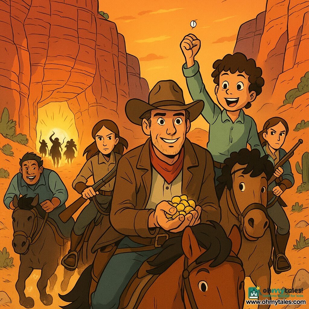 A determined, relieved man, Jake Harper, tanned face, bright blue eyes, worn brown hat and leather jacket, holds a handful of gold coins shining in the sun while riding his chestnut mare Dusty at full gallop; a boy, Benny (about 12), with curly hair and an amazed smile, astride a young horse near Jake, holds up a small sparkling jewel in victory; a slim woman, Martha (about 28), focused, dusty boots and a shooter’s shoulder pad, stands just behind Jake with her rifle lowered, ready to protect the group; a stocky, muscular man, Tom (about 35), warm soot-streaked face, nudges a horse to speed up at the rear-left; a courageous young woman, Clara (about 20), hair streaming, grips her reins and looks back to watch the pursuit; they race out of a glowing red canyon—layered red and ochre cliffs, sagebrush, an orange sunset sky, golden dust kicked up by hooves, a few cacti and a narrow stony trail—treasure glinting on saddles, as dark bandit silhouettes emerge from the canyon behind them with weapons raised and horses in chase.