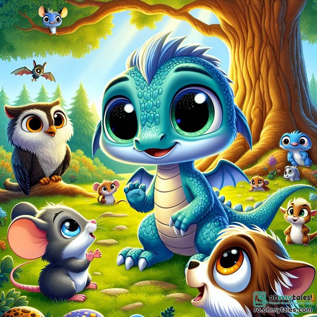 În centrul imaginii, Arin, un tânăr dragon cu solzi de un albastru strălucitor, cu ochi mari și strălucitori și un zâmbet timid, stă sub un stejar mare. Aripile sale mici sunt ușor pliate, iar el privește cu curiozitate un mic grup de animale. La dreapta sa, Fleo, un șoricel mic cu ochi strălucitori și blană gri, zâmbește cu entuziasm, cu labele din față ridicate ca și cum ar dori să atragă atenția lui Arin. La stânga, Lila, o bufniță cu pene maronii și albe, observă cu un aer înțelept, cu ochii ei mari și rotunzi plini de înțelegere. Fundalul arată o pădure luxuriantă, cu raze de soare filtrându-se printre frunze, creând o atmosferă caldă și primitoare. Arin, puțin nervos, își împărtășește cu prietenii săi secretul despre minciuni, în timp ce Fleo și Lila îl ascultă cu atenție, pregătiți să-l încurajeze.
