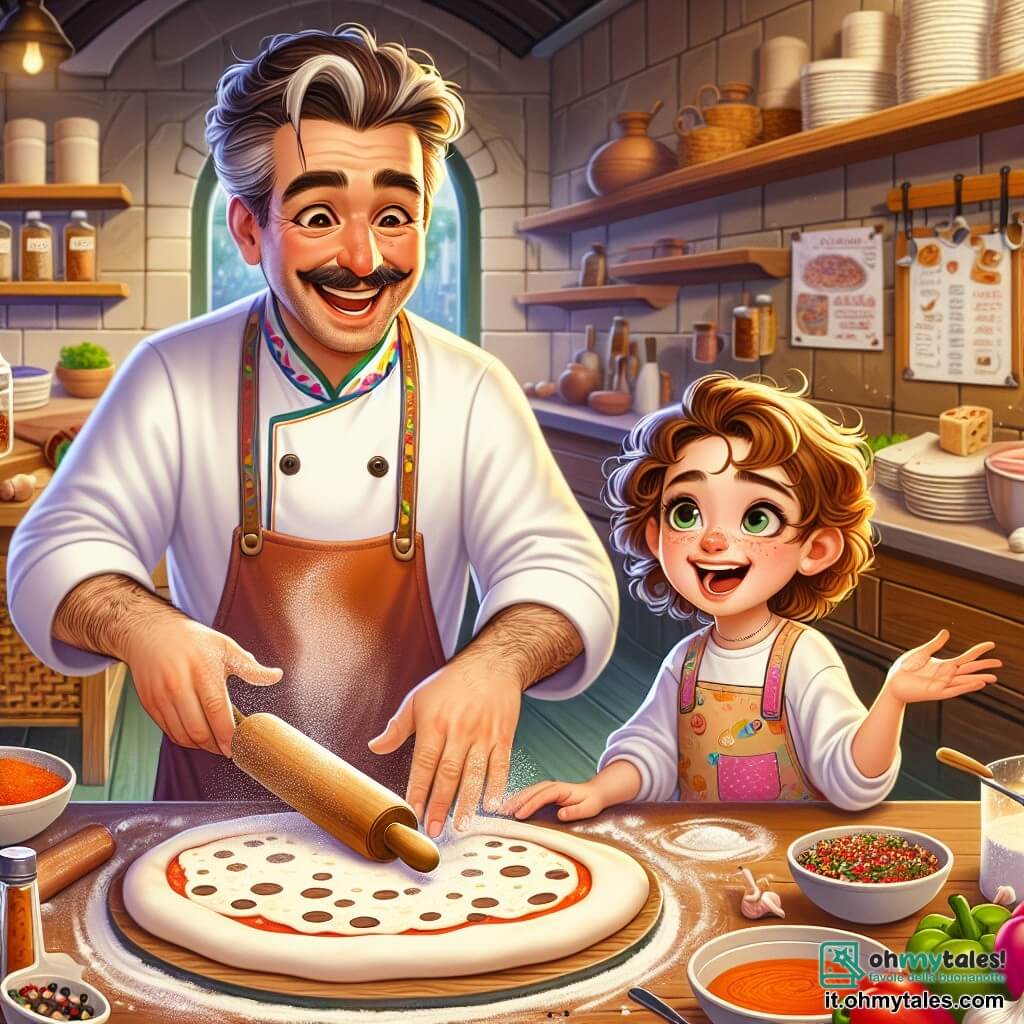 Chef Luca, un uomo di una cinquantina d'anni con i capelli castani leggermente brizzolati e baffi arricciati, sorride allegramente mentre prepara l'impasto per la pizza su un grande piano di lavoro in legno. Indossa un grembiule colorato e ha le mani coperte di farina, mostrando il suo entusiasmo e la sua passione per la cucina. Accanto a lui, Alessia, una bambina di 10 anni con i capelli ricci e gli occhi scintillanti, osserva con meraviglia, tenendo un mattarello. Indossa un piccolo grembiule rosa e sembra impaziente di provare a fare la sua pizza. Marco, un ragazzo di 9 anni con occhiali e capelli castani, sta scegliendo ingredienti su un tavolo pieno di verdure colorate, mostrando un grande sorriso, mentre Tommaso, un ragazzo di 10 anni con capelli biondi e uno sguardo curioso, si avvicina a Chef Luca per fare domande sulle spezie. La scena si svolge nella cucina del ristorante "Sapori di Mondo", un luogo magico pieno di barattoli di spezie colorate, grandi pentole brillanti e una luce calda che illumina le pareti decorate con foto di piatti provenienti da tutto il mondo. La situazione principale mostra Chef Luca e i bambini in azione, creando insieme pizze, con ingredienti freschi sparsi attorno a loro, mentre il profumo delizioso della cucina aleggia nell'aria, simboleggiando la gioia e la creatività condivisa.