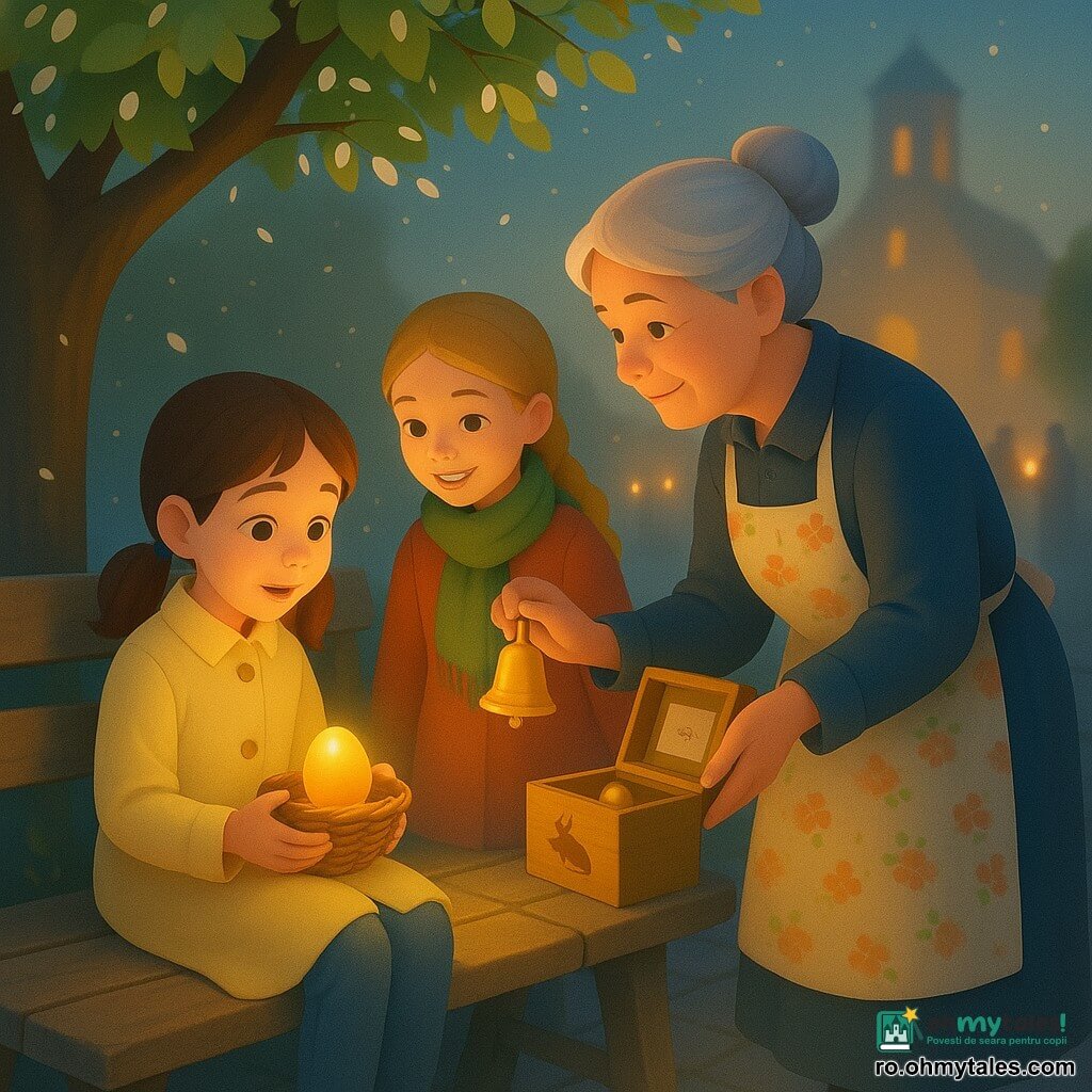 Trei personaje: Daria, fetiță ~9 ani cu păr șaten în coadă de melc, palton galben deschis, stând pe o bancă veche din lemn în stânga, ținând un coșuleț cu un ou galben strălucitor; Mara, fetiță ~9 ani cu păr blond împletit și eșarfă verde, în picioare spre dreapta, zâmbind și ținând o clopoțică aurie; bunica, ~65 ani, păr gri în coc, șorț cu flori, aplecată peste o cutiuță mică de lemn decorată cu un iepure, mâinile pe capac și privire blândă. Locație: curtea unei biserici de sat la amurg, pavaj din piatră, tei mare cu petale albe căzând, lumini de lumânări care aruncă pete calde pe piatră; în fundal silueta bisericii și figuri difuze cu lumânări. Situație: cutiuța se deschide și dezvăluie o clopoțică aurie și un bilețel; cele trei personaje împart uimire și tandrețe. Atmosferă caldă, luminoasă, tonuri galbene/ambre/ocrue cu accente verzi și albastre, particule de polen sau petale în aer; stil clar, forme simple, umbre moi și degradeuri fine.