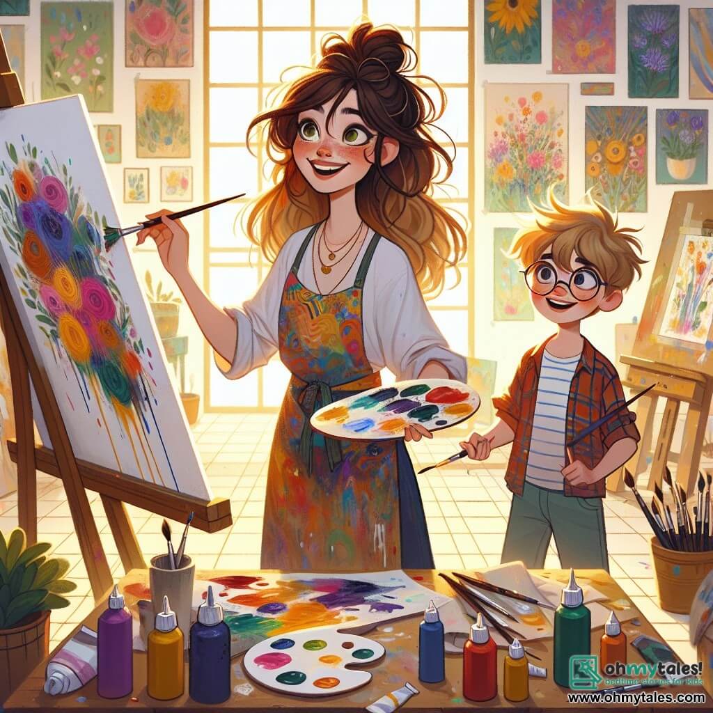 In the center of the image, Lily, a thirty-something artist, is passionately painting. She has messy long brown hair, a radiant smile, and wears a colorful apron covered in paint splatters. Her eyes shine with excitement as she mixes bright colors on her palette. Next to her, Max, a twelve-year-old boy with tousled blond hair and glasses, watches in awe. He holds a brush in one hand and looks at the canvas with wide eyes, ready to add his personal touch to the collaborative artwork. Their studio is a true sanctuary of creativity, with walls adorned with vibrant paintings and splashes of color everywhere. Brushes, paint tubes, and canvases are scattered across large wooden tables, while golden light filters through the windows, illuminating the space. In this scene, Lily and Max joyfully collaborate to create art together, surrounded by a vibrant and inspiring atmosphere where imagination comes to life with every brushstroke.