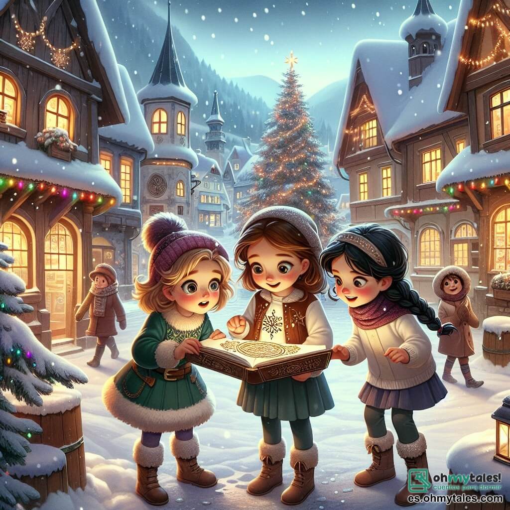 Tres chicas, Clara, Lucía y Marina, están en el centro de una plaza nevada, rodeadas de casas con techos puntiagudos cubiertos de nieve. Clara, una niña de 10 años con cabello castaño y gafas redondas, sostiene un cuaderno en sus manos, mirando con curiosidad un antiguo amuleto en forma de copo de nieve. A su derecha, Lucía, una niña de 9 años con cabello rubio y rizado, brilla de emoción al escuchar una historia, sus ojos destilan imaginación. A la izquierda, Marina, una niña de 10 años con cabello negro trenzado, explora el suelo nevado en busca de tesoros escondidos, con una sonrisa traviesa en el rostro. La escena tiene lugar en un encantador pueblo de montaña, donde luces coloridas brillan en un gran árbol de Navidad en el centro de la plaza. Los copos de nieve caen suavemente, creando una atmósfera mágica, mientras decoraciones festivas adornan las casas de madera. Las chicas, unidas por la amistad, descubren juntas un amuleto misterioso, símbolo de la leyenda del Mensajero de la Nieve, y se preparan para compartir su descubrimiento con el pueblo, iluminando así el espíritu navideño.