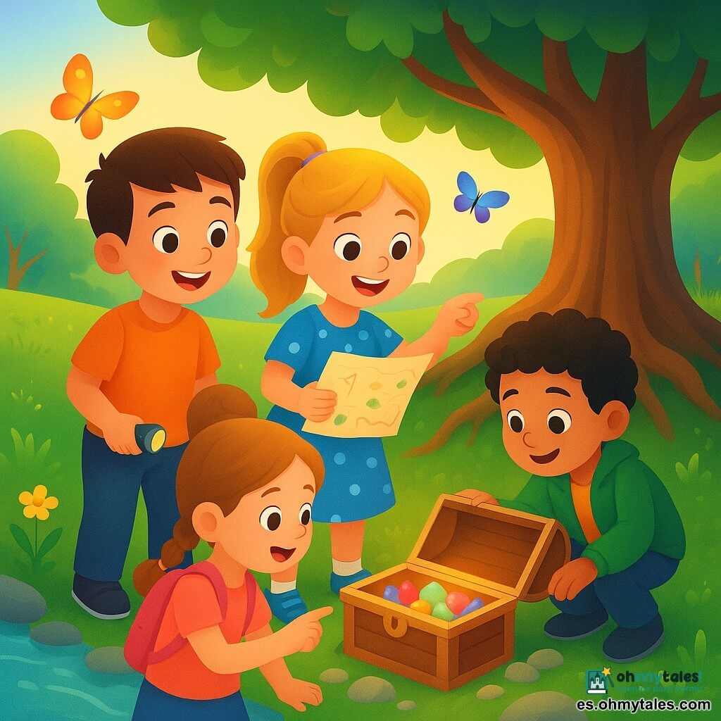 Hay cuatro niños: Lucas (niño, ~9 años) de pelo castaño corto y gran sonrisa sostiene una pequeña linterna a la izquierda; Ana (niña, ~8) con coleta rubia y vestido azul de lunares muestra con entusiasmo un mapa del tesoro junto a Lucas; Mateo (niño, ~9) de pelo negro rizado y chaqueta verde está agachado recogiendo una botella brillante entre las piedras a la derecha; Sofía (niña, ~7) de pelo castaño claro trenzado y pequeña mochila rosa señala una caja de madera bajo las raíces frente al grupo, junto a un gran árbol con raíces expuestas en la orilla de un río poco profundo de aguas claras con guijarros visibles, hierba y flores amarillas en la ribera y mariposas alrededor; la caja abierta revela piedras preciosas coloridas que brillan y los niños muestran asombro mientras la suave luz del sol filtra entre las hojas creando una atmósfera alegre y segura.