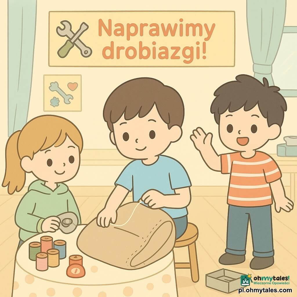 Cztery postacie: chłopiec ok.12 lat, krótkie brązowe włosy, jasnoniebieski t-shirt i jeans, siedzi na środku i szyje dużą płócienną torbę igłą z białą nitką, obok prawej ręki czerwony minutnik; dziewczynka ok.11 lat (Zosia), kasztanowe włosy w kucyku, miętowa bluza, po lewej, układa kolorowe szpule nici na niskim stoliku i uśmiecha się do niego; dziewczynka ok.11 lat (Maja), rozpuszczone blond włosy, żółta kurtka, stoi za chłopcem, trzyma srebrną taśmę i stabilizuje torbę; chłopiec ok.12 lat (Olek), rozczochrane czarne włosy, czerwono-biały pasiasty t-shirt, po prawej, gestykuluje zachęcająco, u jego stóp mała skrzynka zszywek. Miejsce: jasna sala kiermaszu szkolnego z jasną podłogą, dużymi oknami i pastelowymi zasłonami, stoły z nakryciami w kropki, kolorowe plakaty „Naprawimy drobiazgi!”, pudełka z narzędziami i filiżanki herbaty w tle. Scena: wspólna naprawa na stoisku — chłopiec spokojnie szyje, przyjaciele pomagają i dopinguja; ciepła, pastelowa kolorystyka, prosty zaokrąglony styl, przyjazna atmosfera.