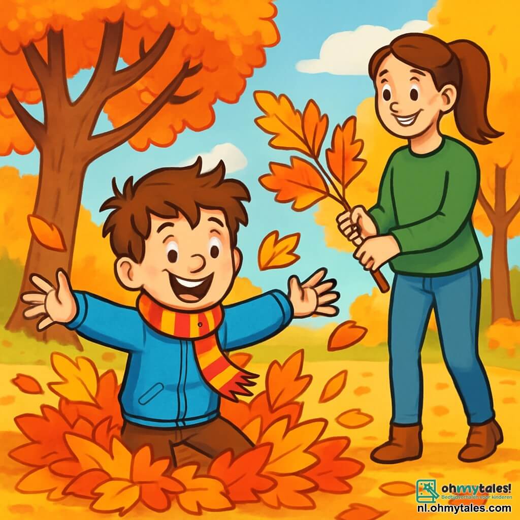 Een 10-jarig jongetje, Tijs, met rommelig kastanjebruin haar en een grote stralende glimlach, zit in een hoop herfstbladeren, met zijn armen wijd open, klaar om in de felle kleuren van de gele, oranje en rode bladeren te duiken. Zijn blauwe wollen jas en gestreepte sjaal geven een vrolijke toets aan zijn uiterlijk. Naast hem staat zijn moeder, een vrouw van een dertigtal met lang bruin haar in een paardenstaart, die glimlacht terwijl ze een grote tak met bladeren vasthoudt, klaar om deze aan hun hoop toe te voegen. Ze draagt een groene trui en een spijkerbroek, staat iets op de achtergrond en kijkt haar zoon met genegenheid aan. De omgeving is een prachtig herfstpark, met majestueuze bomen met vuurrode bladeren, een heldere blauwe lucht met donzige witte wolken, en zonnestralen die door de takken filteren en de met bladeren bedekte grond verlichten. De hoofdscène toont Tijs die plezier heeft met springen in de bladeren, terwijl hij felle kleuren om zich heen spettert, terwijl zijn moeder hem aanmoedigt met een warme glimlach, wat een scène vol vreugde en herfstenergie creëert.