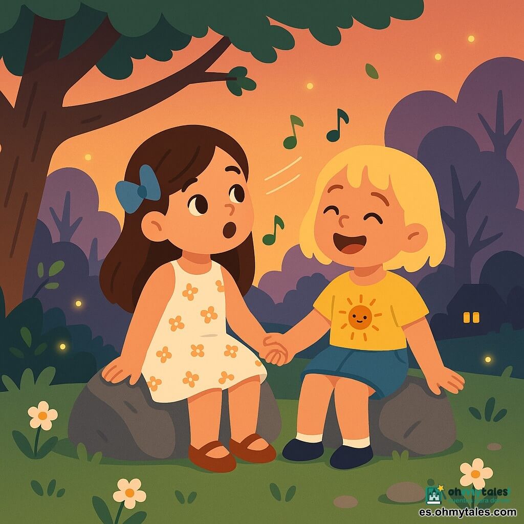 Hay dos niñas de 5 años: Luna, pelo castaño largo con una gran horquilla azul, vestido blanco con pequeñas flores, sentada en una piedra a la izquierda cantando con una nota clara mirando un poco a la derecha; y Sol, pelo rubio corto, camiseta amarilla con un pequeño sol, falda vaquera corta, sentada a la derecha de Luna, tomándole la mano y riendo suavemente mientras canta. Ambientado al borde de un bosque al atardecer: hierba verde con flores blancas, un gran roble a la izquierda con una rama baja, luciérnagas alrededor, siluetas violetas de árboles y cielo naranja-rosado, algunas piedras y una casa lejana con una ventana iluminada. Las niñas cantan juntas al crepúsculo con expresiones serenas y concentradas, postura relajada y segura, luz cálida en sus rostros, notas musicales estilizadas y líneas de aliento, y hojas que tiemblan como si aplaudieran.