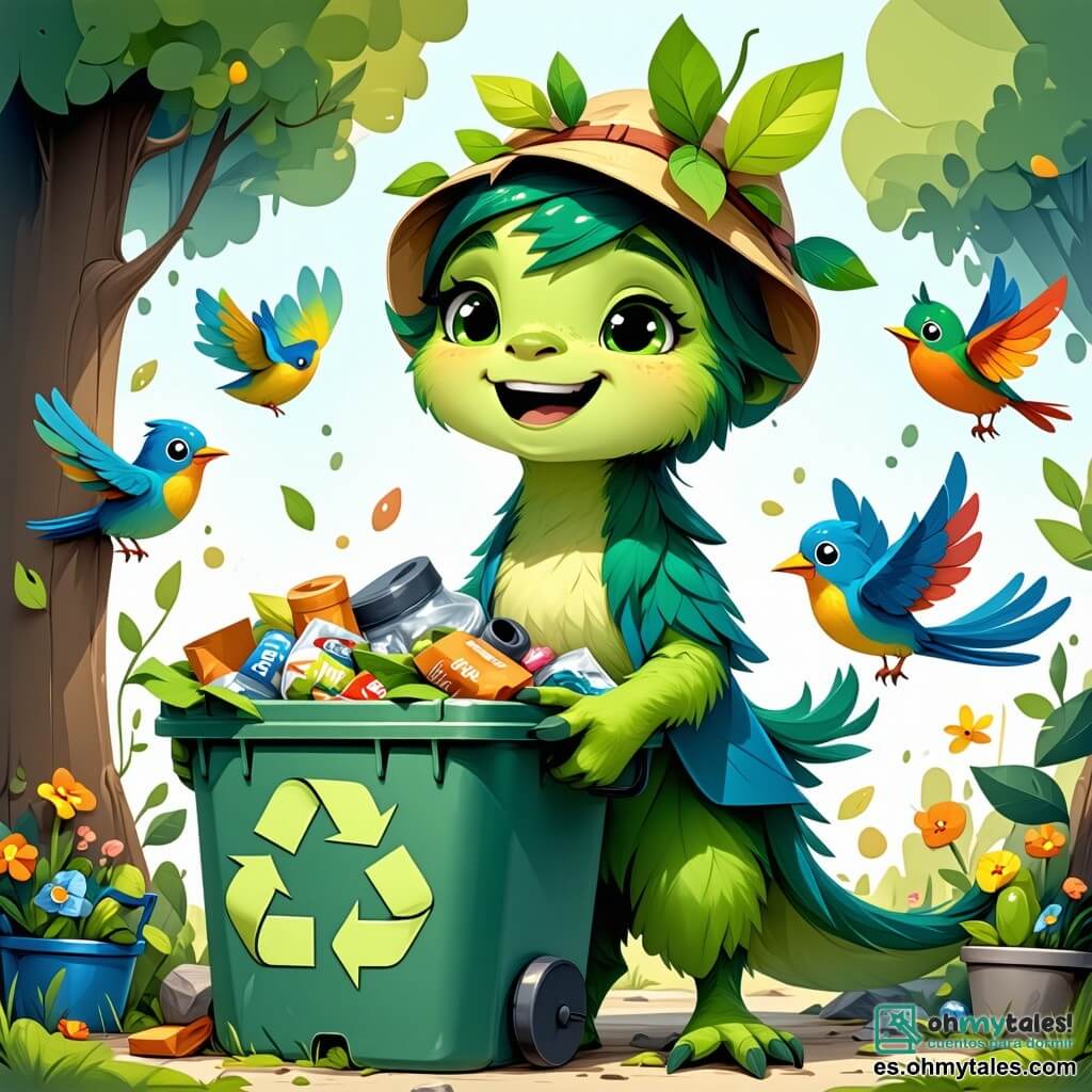 Lila, una criatura mágica con un pelaje verde brillante y ojos en forma de esmeralda, sonríe alegremente mientras sostiene un gran contenedor colorido lleno de residuos reciclables. Lleva un pequeño sombrero de hojas y guantes de jardinería, mostrando su entusiasmo por la protección de la naturaleza. A su lado, el Sr. Pájaro, un ave de plumas multicolores y mirada preocupada, vuela a su alrededor, cantando para animar a los niños a participar. El escenario es un parque verde, lleno de árboles majestuosos, flores coloridas y un cielo azul brillante. En el suelo, los niños ríen y se divierten recogiendo basura, creando una atmósfera alegre y dinámica. La escena muestra a Lila y sus amigos organizando una gran fiesta de limpieza, donde todos se unen para hacer su pueblo más limpio y hermoso.