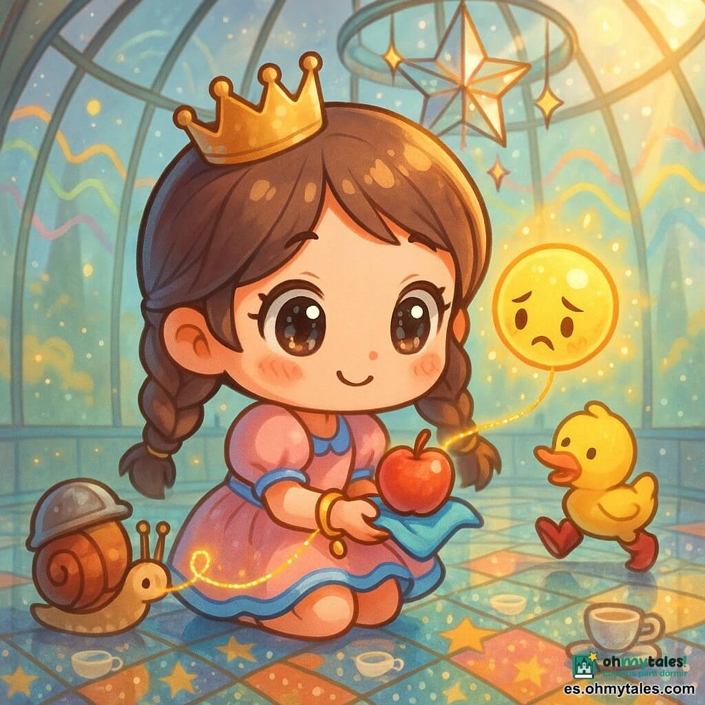 Una princesa niña sonriente y algo tímida, ojos grandes y brillantes, corona ligeramente ladeada, vestido corto rosa pálido con bordes azules, cabello castaño en dos trenzas; agachada, sostiene una pequeña manzana roja sobre un pañuelo azul y ata un hilo luminoso a su pulsera dorada. Una Risa Mágica representada como una esfera luminosa amarillo vivo que rebota, con pequeñas chispas y expresión pícaro-triste, flotando sobre la manzana. Un caracol con casco, lento y paciente, con caparazón ocre-marrón a la izquierda, ofrece un hilo fino y brillante. Un pato con botas amarillo vivo y botas rojas, algo distraído, se desliza detrás de la princesa sobre el suelo de vidrio con una pata levantada. Lugar: interior de una cúpula de vidrio transparente y redondeada, suelo de mosaico de vidrio con estrellas y tazas de té, gran móvil de cristal con pequeñas estrellas colgantes que giran, reflejos brillantes y rayos dorados de sol. Situación: la princesa, tranquila, invita a la esfera a posarse en la manzana mientras ata suavemente el hilo; el ambiente es alegre pero algo caótico, con ondas sonoras dibujadas como olas de colores en las paredes de vidrio. Estilo visual: chibi kawaii, colores pastel saturados, trazos redondeados y contornos limpios, texturas brillantes de vidrio, iluminación suave y cálida.