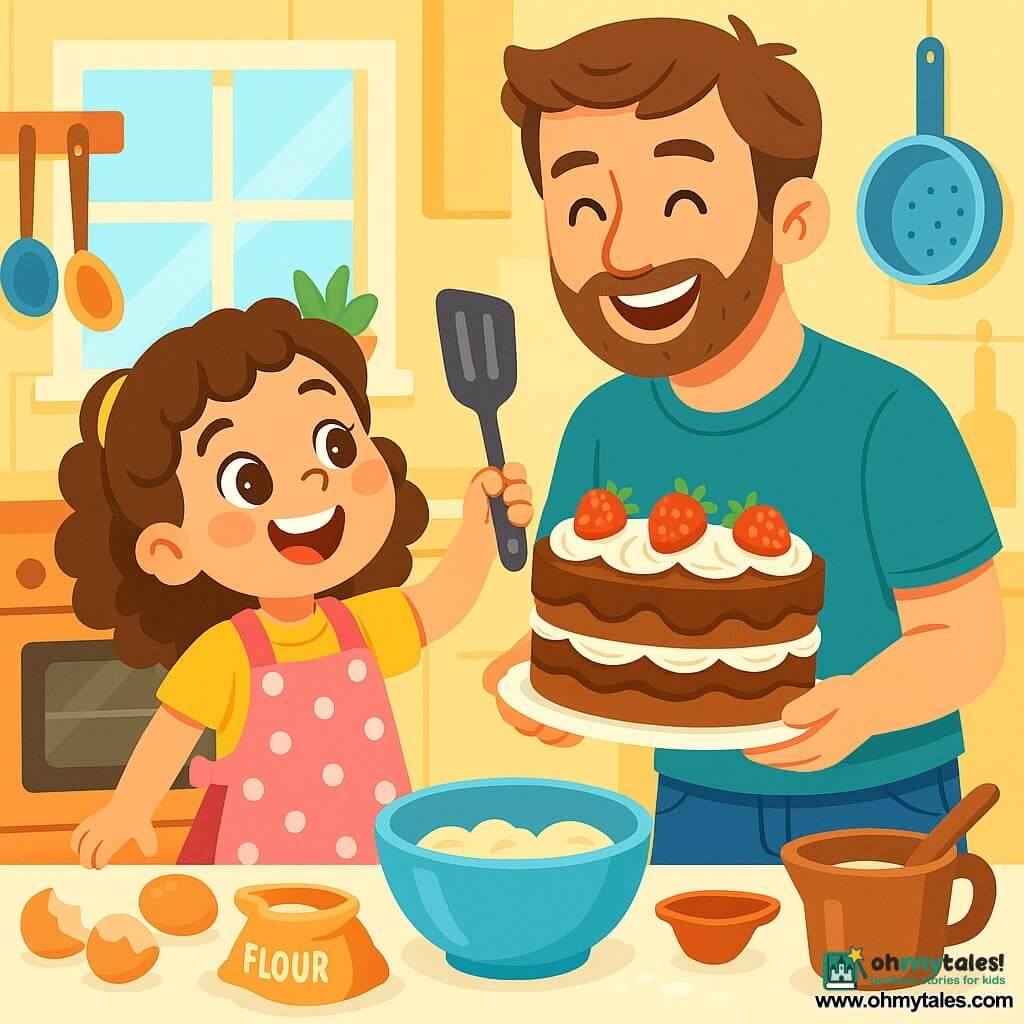An 8-year-old girl named Lily, with curly brown hair, wears a polka-dotted pink apron and a big smile full of excitement. Her eyes sparkle with joy as she holds a spatula in one hand and a large chocolate cake decorated with cream and strawberries in the other. Next to her, her father, Mr. Jenkins, a tall man with light brown hair and a slight beard, smiles proudly, wearing a casual t-shirt and jeans. They are in a sunny kitchen filled with bright colors, with kitchen utensils scattered and baking ingredients around them. The main scene shows Lily and her father celebrating Father's Day, surrounded by a joyful atmosphere where love and connection shine through their smiles and the delicious smell of the cake baking in the oven.