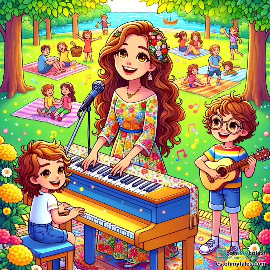 Clara es una mujer de unos treinta años, con largos cabellos castaños ondulados y ojos brillantes de alegría. Lleva un vestido colorido adornado con motivos florales y está de pie frente a un piano, con una sonrisa radiante en el rostro, cautivada por la música que toca. A su lado, Lucas, un niño de diez años con cabello castaño despeinado y gafas redondas, mira a Clara con admiración. Lleva una camiseta a rayas y sostiene una pequeña guitarra, listo para cantar. La escena tiene lugar en un parque soleado, rodeado de árboles con hojas verdes vibrantes y flores brillantes. Niños juegan al fondo y familias se instalan en mantas coloridas. Clara y Lucas están cantando juntos en un pequeño escenario improvisado, sus rostros iluminados por la alegría de compartir su música con el público, que los aplaude con entusiasmo.