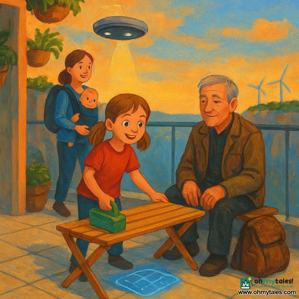 An 8-year-old girl, joyful and focused, light brown pigtails and curious eyes, wearing a small green tool pouch, has just opened a folding bamboo stool and stands beside a glass railing, smiling proudly; to her right an elderly man (about 70) with gray hair, a worn jacket and a heavy bag sits down on the stool with a calm look of relief; to her left a young woman (about 30) leans on the railing holding a baby in a carrier and smiles at the view; a small matte-round service drone with soft LED lights hovers above and behind the stool, projecting a small illuminated map on the ground; the scene is on an urban terrace carved into a cliff with light stone paving, hanging planters, transparent glass rail, glass elevators in the rock face and small wind turbines on the horizon, golden evening light, serene hopeful mood, warm contrasts on the stool and soft blue sky tones; style: acrylic painting with crisp strokes, visible textures, saturated colors, soft shadows and a warm, childlike atmosphere.