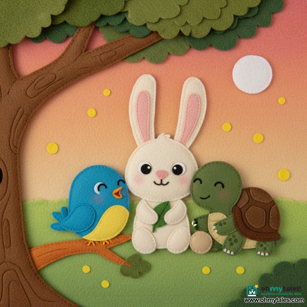 Milo, a small cream-white felt rabbit with long pink ears, round shiny black eyes and a pink nose, holds a small green leaf and smiles; Pippa, a round blue felt bird with a yellow belly and rounded wings, perches on a low orange branch to the left singing; a slow dark-green felt turtle with a brown speckled shell and a peaceful smile sits to the right with a foot on a small beige ball; they sit close together in a sunset forest clearing on soft green felt ground beneath a textured oak branch, against an orange-pink sky with a white moon and glowing yellow fireflies, warm tactile calm atmosphere, soft colors, simple shapes and visible felt textures.