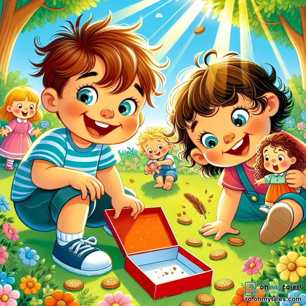 Un băiat de 4 ani, Alex, cu părul castaniu și un zâmbet curios, este ghemuit pe iarba verde, ținând o cutie roșie de biscuiți goală. Lângă el, prietenul său Matei, un băiat de 5 ani cu părul blond și ochii strălucitori, observă cu atenție firimiturile de pe jos. Mai departe, Sara, surioara lui Alex, în vârstă de 3 ani, cu părul creț și o rochie roz, ține o păpușă și se uită cu uimire. Scena are loc într-o grădină însorită, plină de flori colorate și un copac mare care oferă umbră. Razele soarelui luminează fețele vesele ale copiilor în timp ce caută indicii în jurul cutiei de biscuiți. Situația principală îi arată pe Alex și prietenii săi, ca mici detectivi, încercând să rezolve misterul cutiei de biscuiți goale, înconjurați de râsete și emoție, cu firimituri și o pană căzută la picioarele lor.