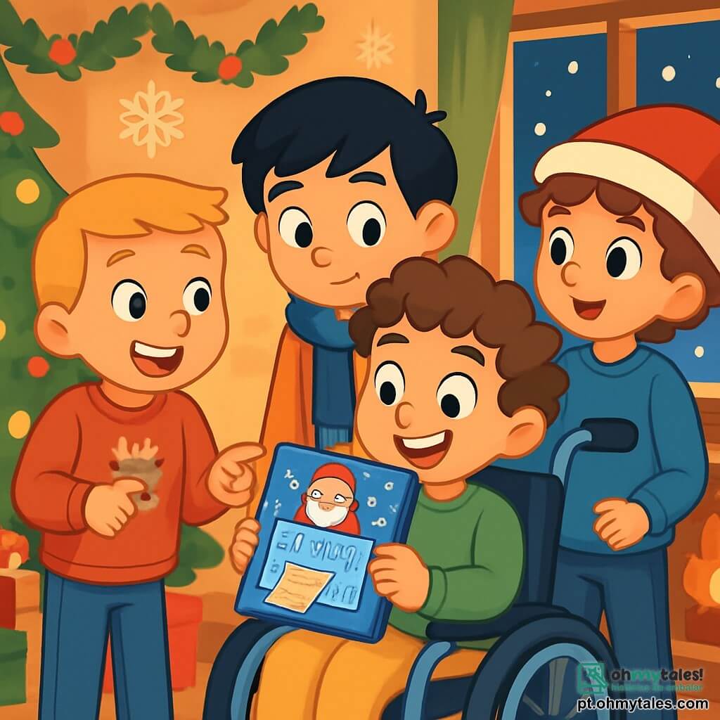 Há 4 crianças: - Lucas: Menino, 10 anos, cabelos castanhos e cacheados, sorridente, sentado em uma cadeira de rodas, segurando um calendário do Advento com uma expressão de excitação no rosto. - Miguel: Menino, 9 anos, cabelos loiros e curtos, vestindo um suéter vermelho com um rena, em pé ao lado de Lucas, apontando para o calendário com um grande sorriso. - Pedro: Menino, 10 anos, cabelos negros e lisos, usando um cachecol azul, inclinado para frente com uma expressão curiosa, observando o calendário atentamente. - Tiago: Menino, 9 anos, cabelos castanhos e ondulados, usando um gorro de Natal, em pé perto da janela, observando a neve cair com admiração. O local é uma aconchegante sala de estar decorada para o Natal, com uma grande e brilhante árvore de Natal iluminada por luzes coloridas, cercada por pacotes de presente brilhantes. As paredes estão adornadas com guirlandas de pinheiro e flocos de neve de papel, enquanto uma suave luz dourada emana de uma lareira crepitante. A cena principal mostra as crianças descobrindo um misterioso calendário do Advento, com uma pequena nota mágica que as convida para uma aventura de Natal cheia de surpresas e risadas. Elas estão todas reunidas, ansiosas e alegres, prontas para explorar os mistérios que o duende travesso preparou para elas.