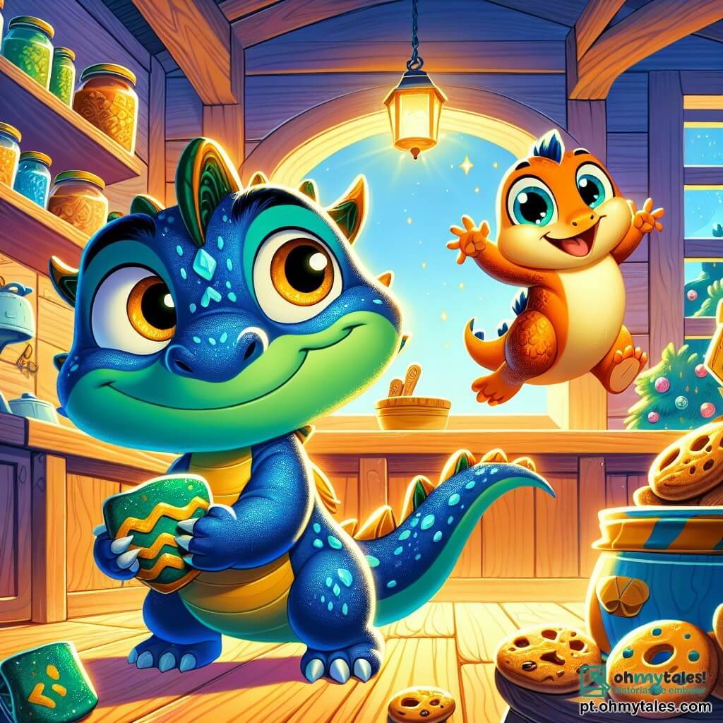 Zig, um pequeno dragão azul com escamas brilhantes e olhos curiosos, está no centro da cozinha da escola, segurando um sapato verde com listras douradas na pata. Ele parece animado e determinado, com um grande sorriso no rosto. Ao seu lado, Pina, uma salamandra laranja com olhos redondos e travessos, salta de alegria, pronta para explorar. A cozinha é acolhedora, com paredes de madeira, prateleiras cheias de potes coloridos e utensílios de metal que brilham sob a luz suave da lua. Biscoitos dourados estão dispostos em uma mesa de madeira, e uma janela aberta deixa entrar uma brisa leve. Zig e Pina descobrem o mistério do sapato perdido, cercados por uma atmosfera mágica e aventureira.