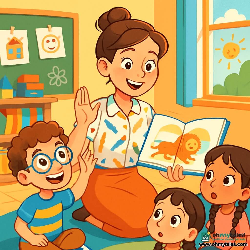 A teacher, a woman in her thirties, smiling and warm, stands in the middle of a bright classroom. She has brown hair tied in a bun and wears a colorful blouse with pencil patterns. Her eyes shine with enthusiasm as she shows a book to the children. Next to her, an 8-year-old boy with glasses and curly hair raises his hand with a big smile, eager to share his answer. A little further away, a 7-year-old girl with braids and a pink t-shirt sits on the carpet, listening attentively, her eyes wide with curiosity. The classroom is decorated with colorful drawings on the walls, with shelves filled with books and educational games. A large whiteboard is filled with words and drawings, and a window lets in sunlight, brightening the space. The main scene shows the teacher reading an engaging story to the children, who are all sitting in a circle around her, captivated by her words. The atmosphere is joyful and full of energy, with bursts of laughter and radiant smiles.