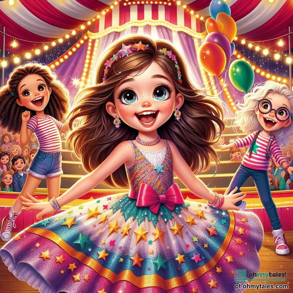 No centro da imagem, está **Sofia**, uma menina de seis anos com longos cabelos castanhos e olhos brilhantes, vestindo um vestido colorido com estrelas e brilhos. Sofia dança alegremente com os braços levantados, cercada por suas amigas. À sua direita está **Ana**, uma menina de seis anos com cabelos loiros trançados, usando uma camiseta listrada e um short jeans, rindo e fazendo gestos divertidos. À esquerda, está **Clara**, outra menina de seis anos com cabelos cacheados e um vestido rosa, fazendo uma careta engraçada. Por fim, **Bia**, uma menina de seis anos com cabelos negros e óculos, está fazendo malabarismos com balões coloridos, sorrindo muito. Ao fundo, o **circo** é decorado com grandes faixas coloridas, luzes cintilantes e uma tenda listrada vermelha e branca. Espectadores maravilhados estão sentados em bancos de madeira, aplaudindo e rindo, enquanto o ar está cheio do cheiro de **pipoca** e **algodão-doce**, criando uma atmosfera festiva. A cena principal mostra as quatro amigas **dançando e se divertindo com Leo**, o grande leão de pelagem dourada, que as imita movendo a cabeça e se balançando, acrescentando um toque de magia e risadas à sua apresentação. As crianças estão encantadas, e a energia alegre da cena é palpável, capturando o espírito de um circo cheio de vida e amizade.
