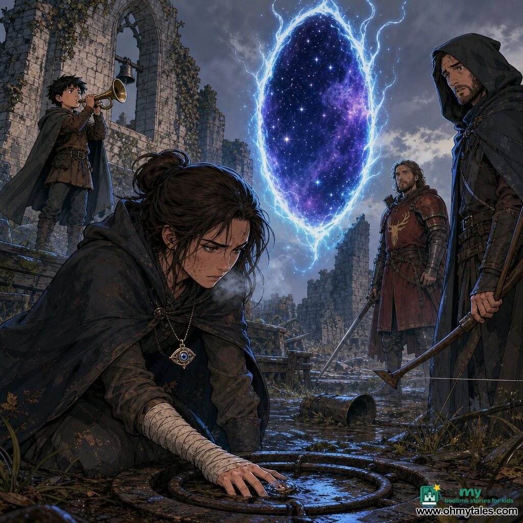 Main woman: Mara Vell, a 30–35-year-old postwoman with a determined, tired face, focused bright eyes, a dusty dark coat, a bloodied bandage on her right hand pressed over a small iron eye-shaped pendant as she kneels or leans beside an iron ring on the ground; Mara’s emotion: brave, focused, resolute, tense but calm. Secondary 1: Jory, about 12, messy black hair, surprised yet brave, standing on a stone before the chapel blowing a shiny brass postal horn, cloak simple, gaze toward the tear. Secondary 2: a Wood archer, ~40, in dark hooded clothes, standing respectfully back at right with an arrow pointed at the ground, worried look at the fissure. Secondary 3: a Red Stag Clan knight, ~30–45, partial red armor and leather at left, lowered lance, wary but still, a few steps behind Mara to suggest a forced alliance. Location: ruins of Foxbarrow chapel on a hill with broken stones and toppled benches, a fallen bell, ivy and tall grass, recent rain making stones gleam, muddy patches and dead leaves. Supernatural element: a floating oval tear in the air with a pale blue flame rim and no smoke, filled with spinning stars and violet clouds, casting a faint blue reflection on faces and steel. Main situation: Mara presses her bloody hand and pendant to the iron ring while Jory sounds the horn, the tear wavers and light tendrils escape; soldiers form a semicircle around them, tension and hope visible, dramatic lighting contrasting the cold blue glow of the rift and warm yellow campfire light off-frame. Graphic style: soft but contrasted colors, clean rounded lines, detailed stone and metal textures, readable slightly childlike facial expressions, heroic yet approachable atmosphere, cinematic lighting with a blue halo around the tear and warm highlights on the characters.