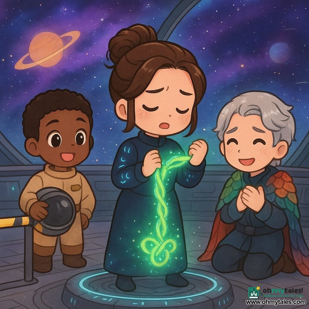 Liora, an adult woman with a soft concentrated face and brown hair in a messy bun, in a navy space-healer suit with glowing runes, stands in the center of a small magic ring weaving a green ribbon of light around an energy knot; Jace, a 10-year-old boy with an oversized helmet on his shoulder, wide eyes and a brave smile in a beige cadet uniform, stands behind a safety line pressing a crescent button on a lighted panel; Orin, an adult man with pale shimmering skin, messy silver hair and a colorful scaled coat, kneels beside Liora relieved, hands on his chest as small blue sparks calm; they are in a space observation dome with a curved window showing purple nebulae and ringed planets, polished metal floor with light panels and runes, while the healer guides a green luminous trail (golden grains and azure filaments) out the bay toward a distant station amid a halo of stars—tense but hopeful, bright contrasting colors, cute warm style.